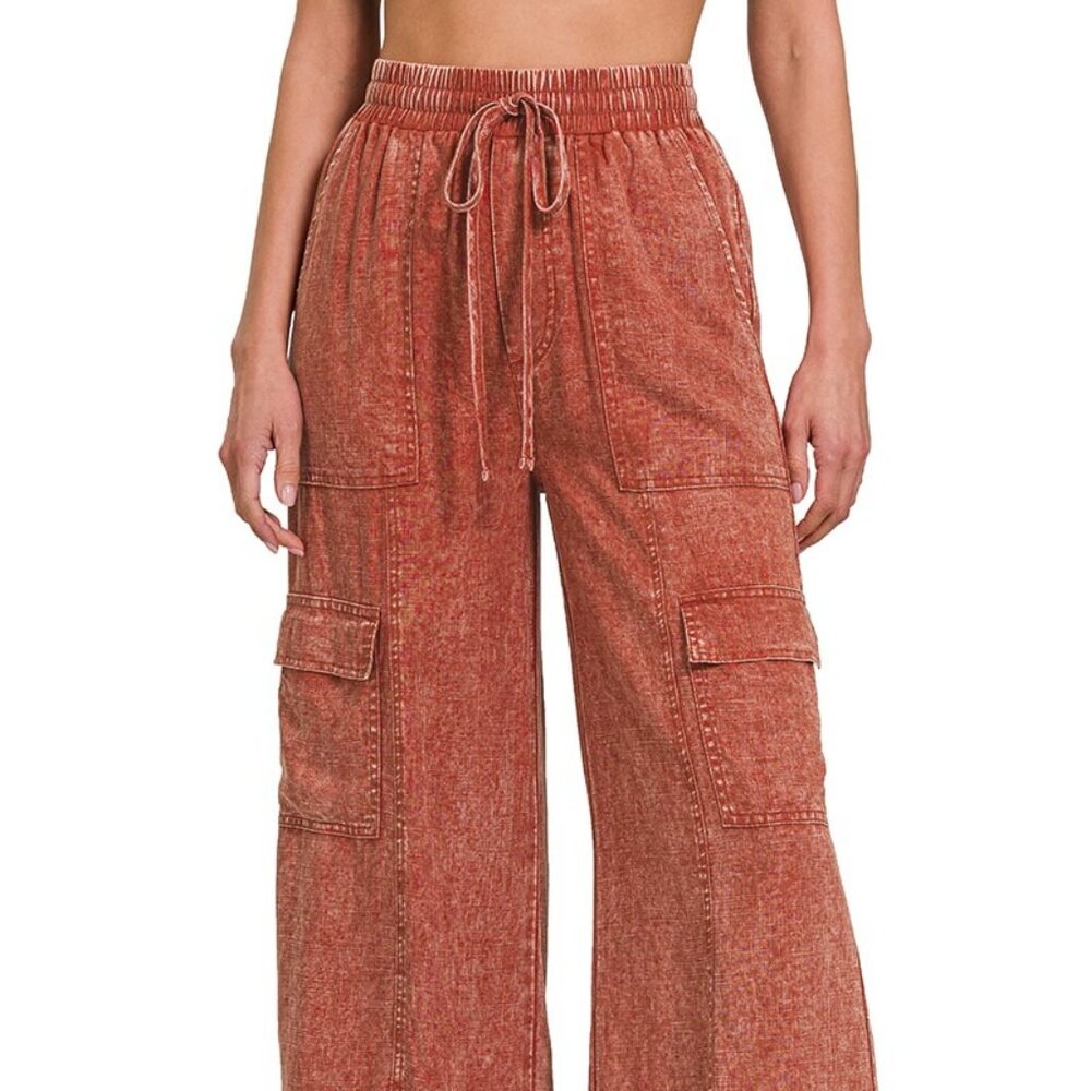 Washed Linen Elastic Waist Cargo Pants – Lightweight Relaxed Fit Trousers for Wo